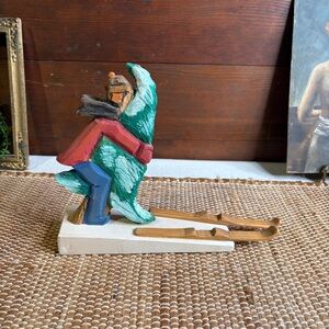 Artist Signed Wood Folk Art WHAT TREE? Skiing Crash Humor Decor Handpainted